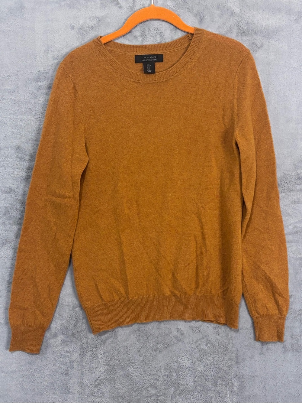 Tahari 100% 2-Ply Cashmere Crewneck Sweater Mens Large Camel Mustard Rust